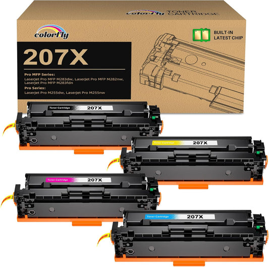 colorfly 207X Mit Chip Toner Kompatibel für 207X 207A Schwarz für Color Laserjet Pro MFP M283fdw Toner für Color Laserjet Pro M255dw M282nw M283fdn M255nw W2210A W2211A W2212A W2213A （4 Pack）