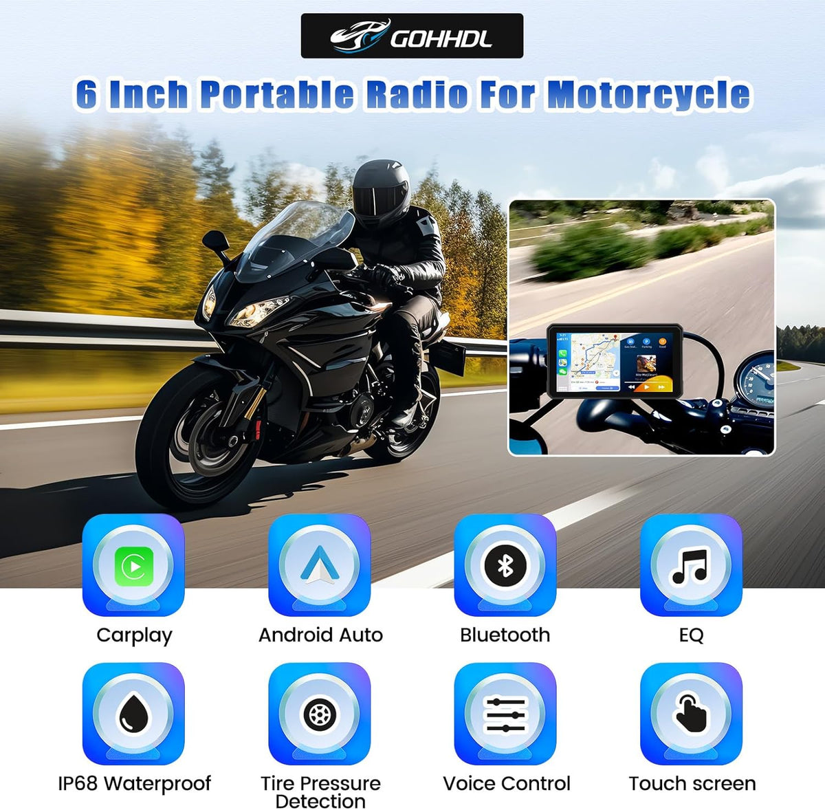 Motor GPS Navigatie Display met draadloze CarPlay en Android Auto, 6-inch IP68 waterdichte motorfiets Navigatie met Bluetooth Mirror Link, Siri EQ en bandenspanningssensor
