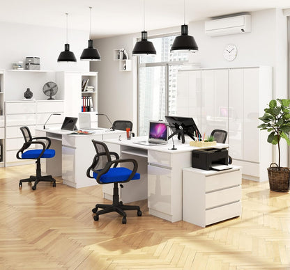 PC Desk A5 with Keyboard Shelf, Office Desk, Computer Table, Desk Table with Keyboard Shelf, 2 Drawers and 2 Door Shelves, W135 x H77 x D50 cm, 58 kg, White/White Glossy - QUORE