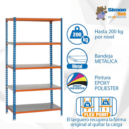 Simon Rack Stellingkast Metaal, 2000x1000x500 mm, Buigpunt 180, 5 Verstelbare Niveaus, Metalen Planken, Robuust Opslagrek voor Garage, Kelder en Werkplaats, Blauw/Oranje/Gegalvaniseerd – SimonClick