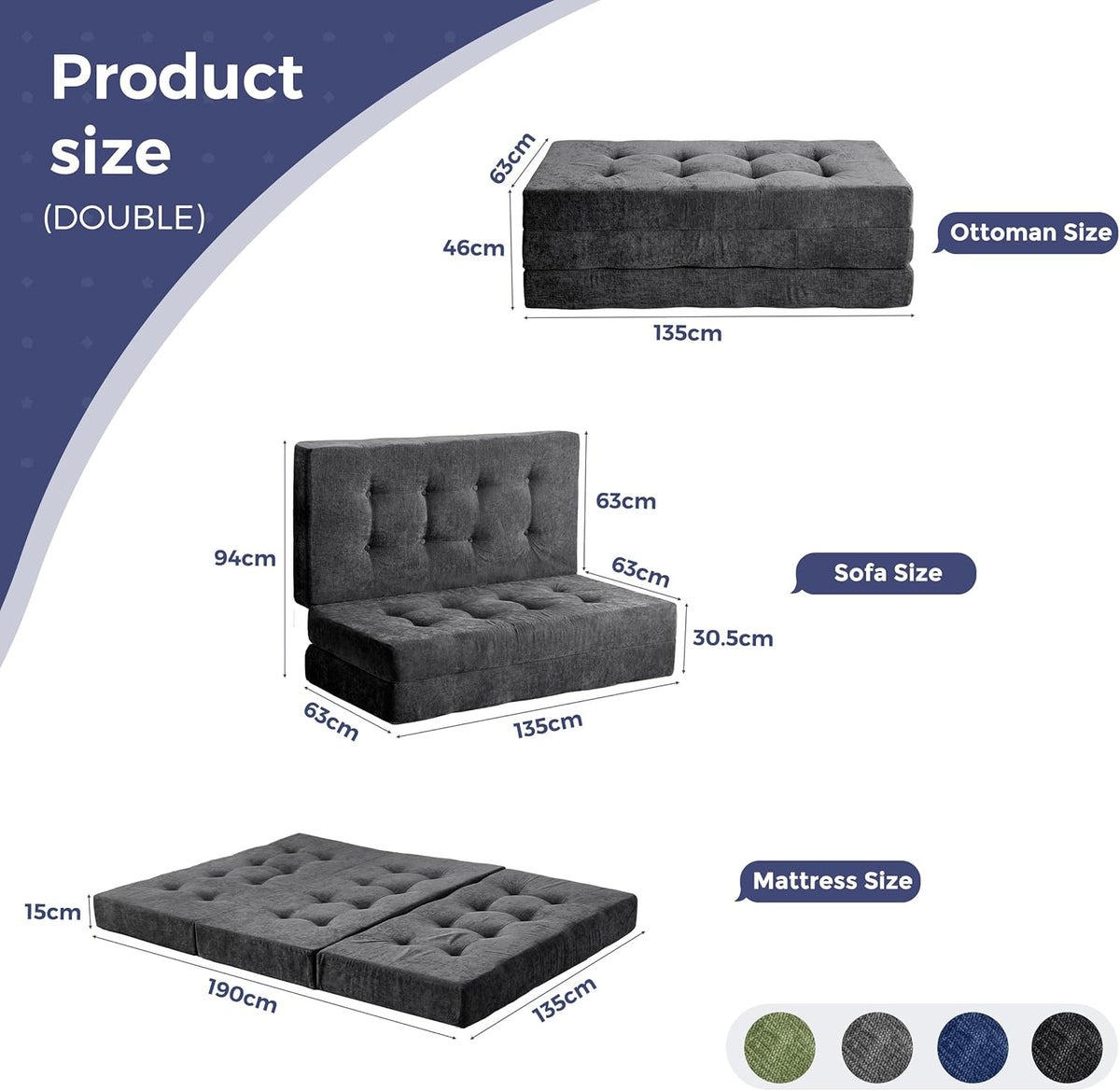 MAXYOYO Opvouwbare Matras Eenpersoons, 15 cm Comfortabele Opvouwbare Matras Met Chenille-Stof, Driekwijd Vloer Futon Bank Bed Voor Gast, Vouwmatras Topper Voor Camping, Grijs, Dubbel