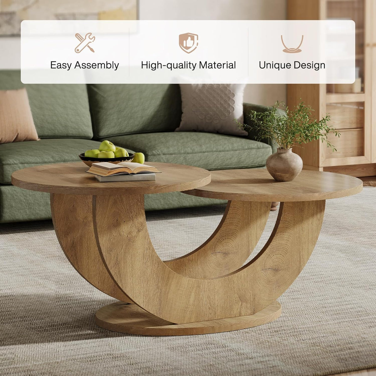 Tribesigns Round Side Table, 118cm, Modern Living Room Coffee Table with Funky U-Shaped Frame, Low Accent Tea Table for Home, Home, Oak