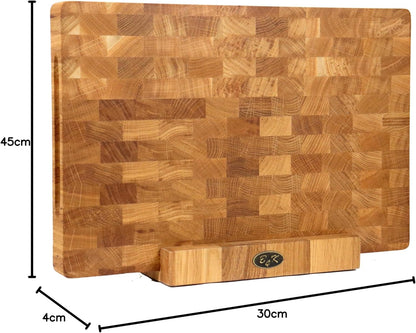 B4K® Snijplank met standaard van eikenhout, 45 × 30 × 4 cm, massief hakblok, antibacteriële hersenhouten plank met handgrepen en siliconen voeten, perfect voor keuken, vlees en barbecue