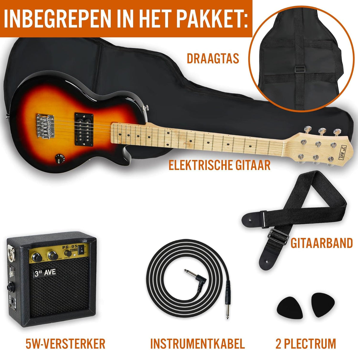 3rd Avenue 1/2 maat elektrische rockgitaar voor beginnende kinderen - draagbare 5W versterker, kabel, tas, plectrums en riem - Sunburst