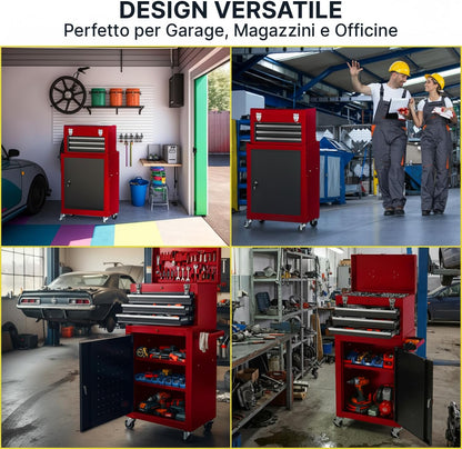 Professionele gereedschapswagen met 3 uittrekbare laden en afsluitbare kast voor garage en werkplaats, frame van gelakt metaal, gemakkelijk te verplaatsen (rood)