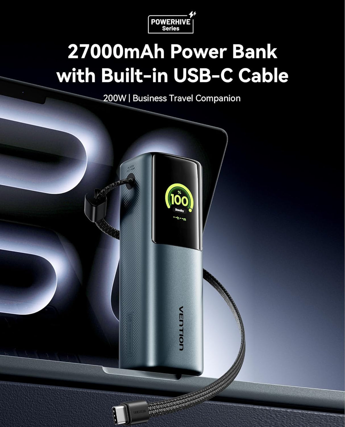 VENTION Powerbank 27000mAh 200W - Snelladen 3-Poorts Powerbank met Emoji-animaties - Draagbare Accu voor Laptops, MacBook Pro, iPhone 17/16/15, iPad, Galaxy S25