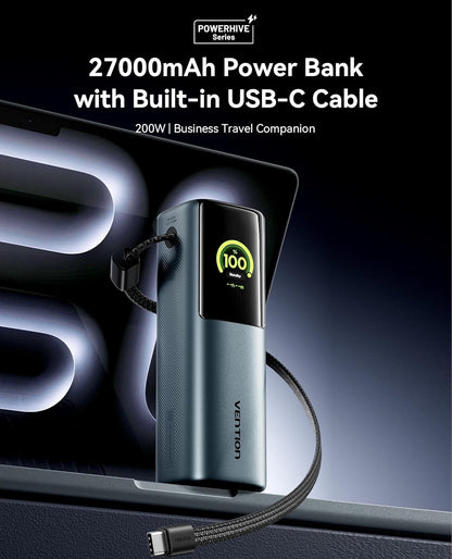 VENTION Powerbank 27000mAh 200W - Snelladen 3-Poorts Powerbank met Emoji-animaties - Draagbare Accu voor Laptops, MacBook Pro, iPhone 17/16/15, iPad, Galaxy S25