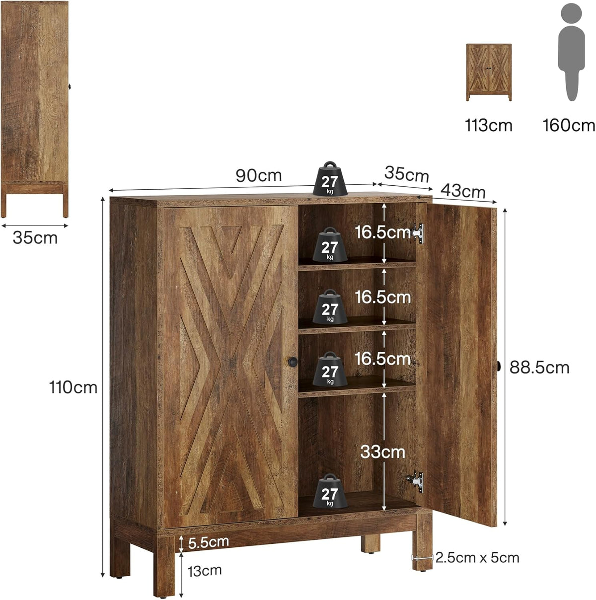 Tribesigns Shoe Cabinet with Adjustable Shelves, 5 Tier Freestanding Shoe Rack (110cm High), Country Storage Cabinet for Hallway, Corridor Living Room, Space Saving Shoe Rack, Brown