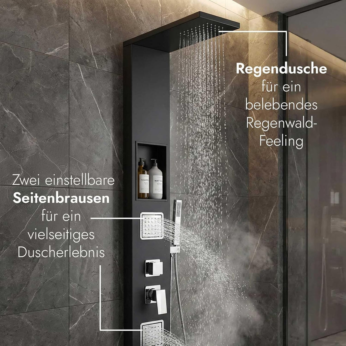 Douchepaneel, mat zwart, met mengventiel incl. geïntegreerd wandnis, massagedouchepaneel, regendouche, douchesysteem met handdouche