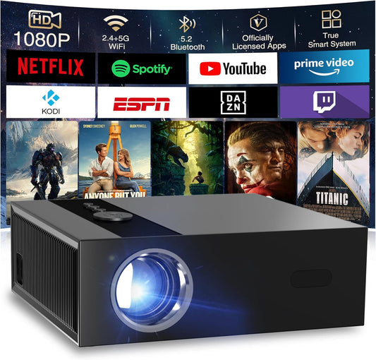 Projector 8K with Google TV, native 1080p, 4K-ondersteuning, AI-beeldverbetering, Autofocus, slimme projector met automatische keystone-correctie