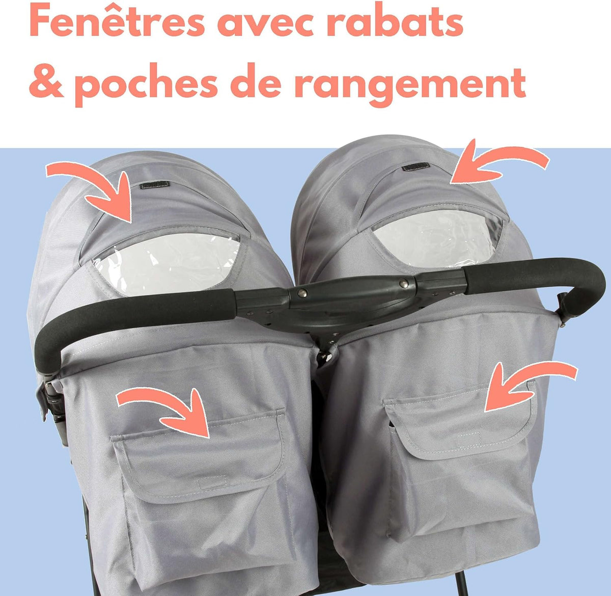 Bambisol Dubbele kinderwagen naast elkaar, ideaal voor tweelingen vanaf de geboorte, met ultracompacte vouwing, kleur: zwart en grijs