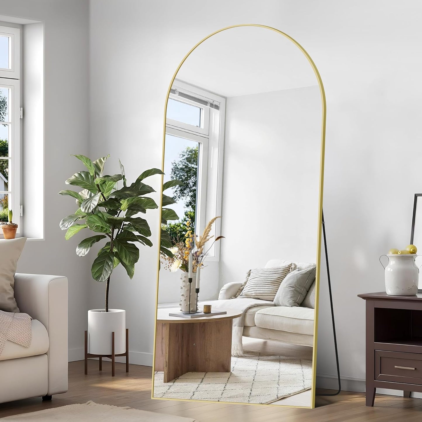 Weare Home Boogvormige staande spiegel, 192 x 85 cm, grote staande spiegel met aluminium frame, om op te hangen of te staan, staande spiegel voor woonkamer, slaapkamer (goud)