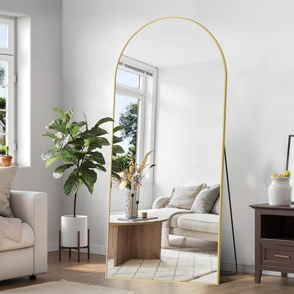 Weare Home Boogvormige staande spiegel, 192 x 85 cm, grote staande spiegel met aluminium frame, om op te hangen of te staan, staande spiegel voor woonkamer, slaapkamer (goud)