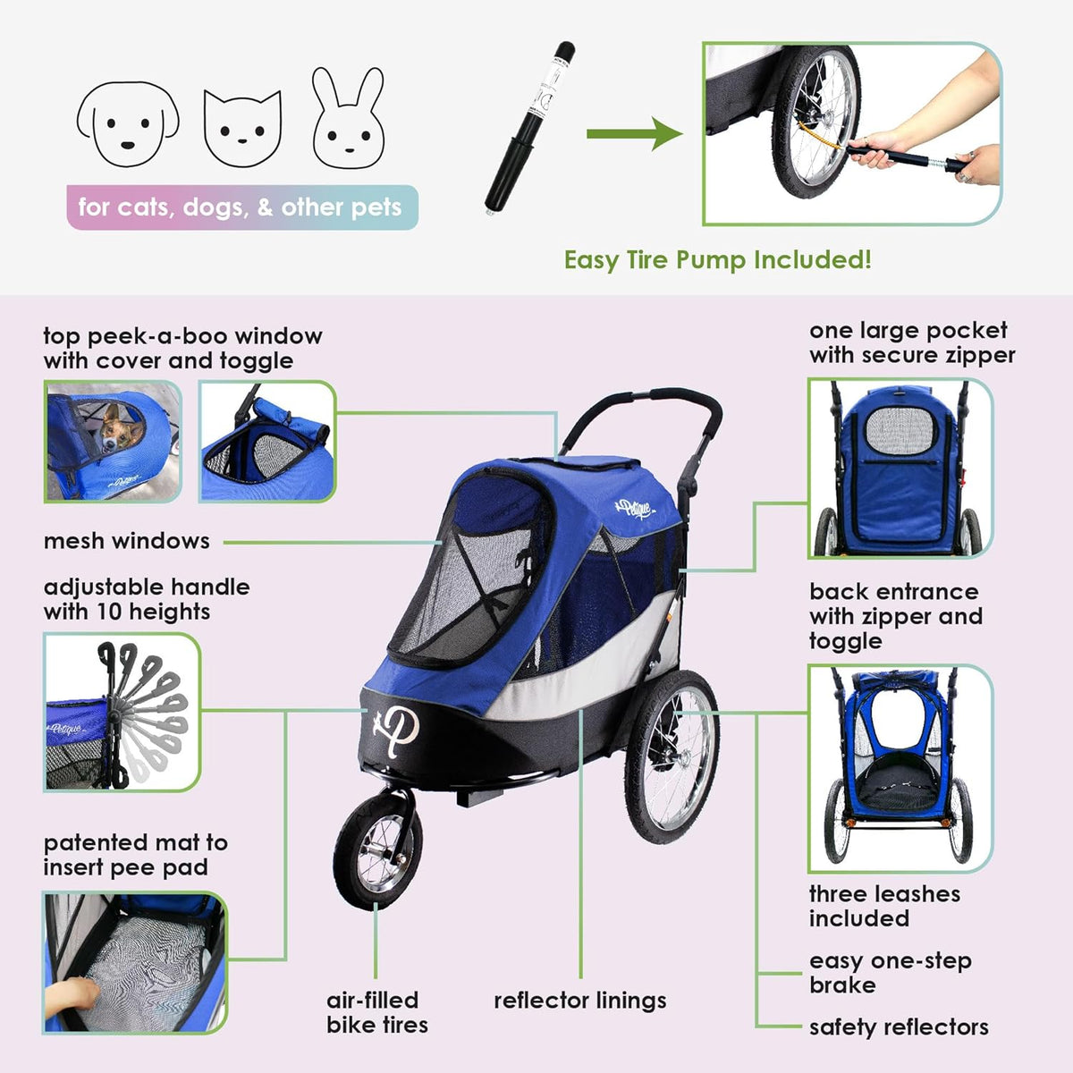 Petique Trailblazer Jogger, hondenwagen voor middelgrote huisdieren, geventileerde huisdierstep voor katten en honden, blauw