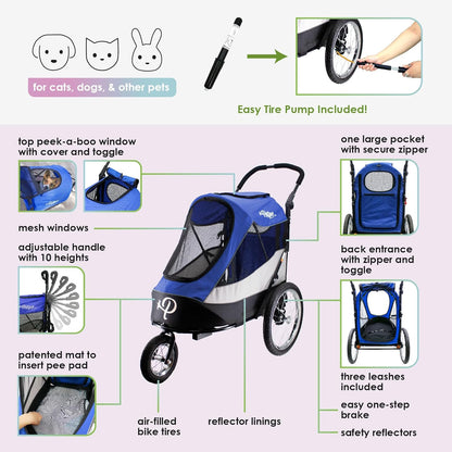 Petique Trailblazer Jogger, hondenwagen voor middelgrote huisdieren, geventileerde huisdierstep voor katten en honden, blauw