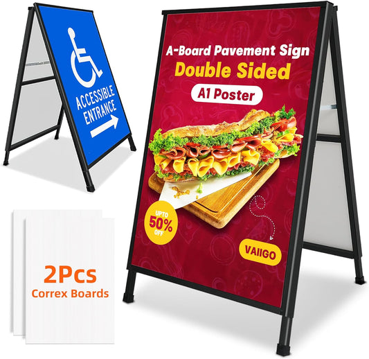 A1 bestratingsbord, A-bord, een frame, dubbelzijdig bestratingsbord, posterhouder, displaystandaard met 2 anti-verblindende hoezen en golfplaten voor zaken, restaurants, buitenreclameborden