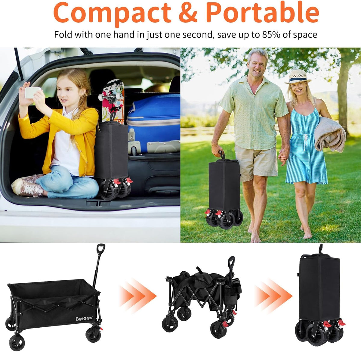 BELEEV Inklapbare Handwagen, Zware Klasse All-Terrain Handwagen met 6in Grote All-Terreinwielen, 130L Grote Capaciteit, Zijzakken & Drankhouders voor Strand Tuin Camping Sport Winkelen -Black