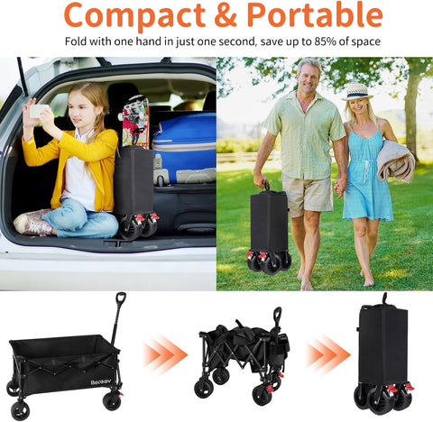 BELEEV Inklapbare Handwagen, Zware Klasse All-Terrain Handwagen met 6in Grote All-Terreinwielen, 130L Grote Capaciteit, Zijzakken & Drankhouders voor Strand Tuin Camping Sport Winkelen -Black