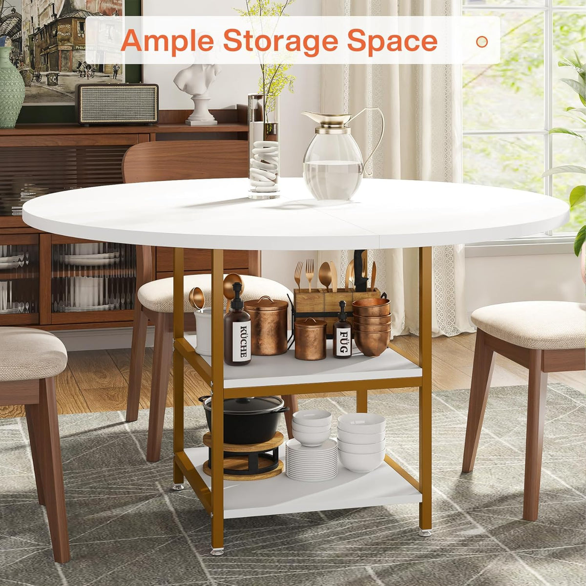 Tribesigns Round Dining Table, Dining Table for 4 People, 120 x 75 cm (diameter x H), Industrial Style, Wooden Kitchen Table for Home, Living Room, Gold and White