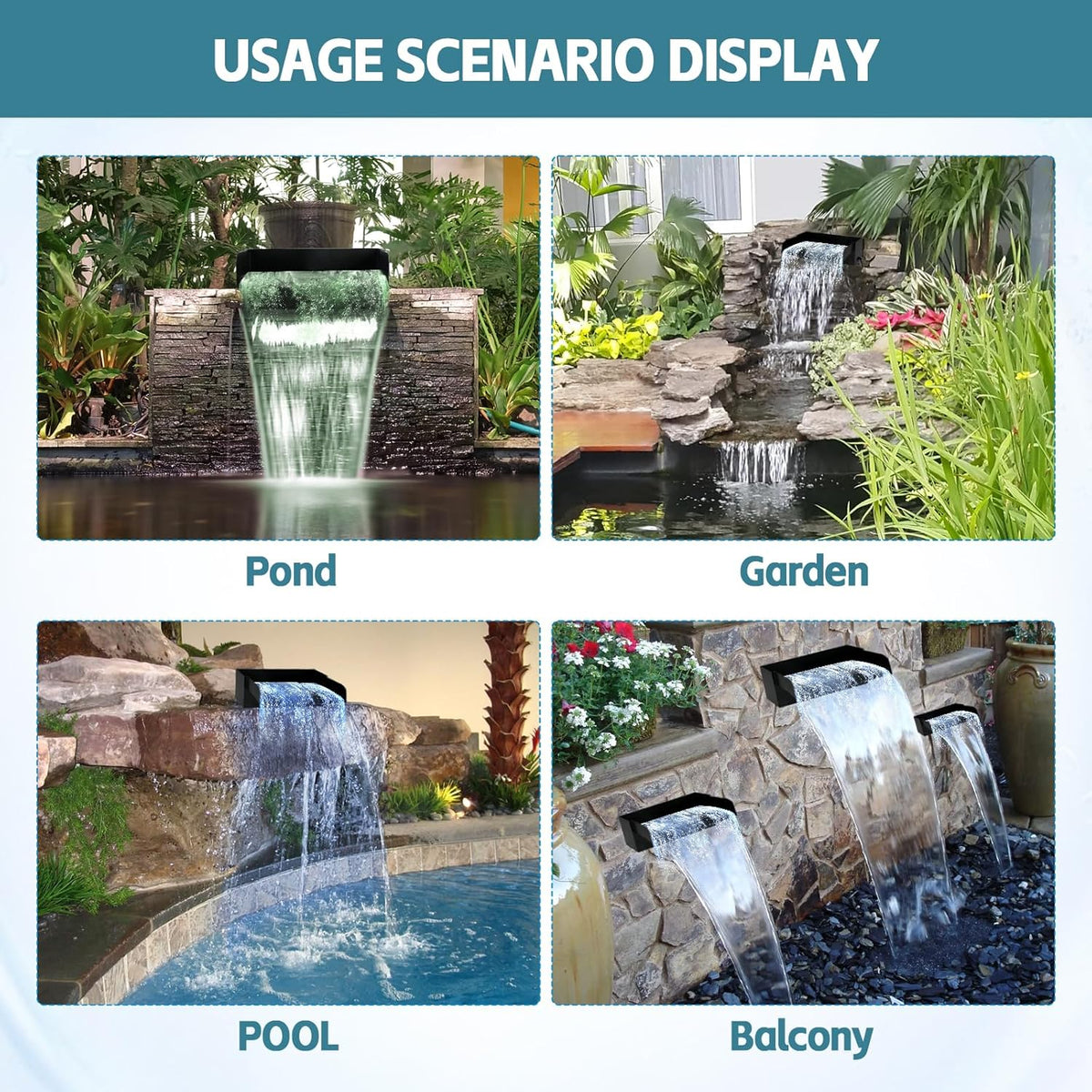 Vijver waterval overloop waterval voor tuinvijvers, 30 cm roestvrij staal overloop zwembad vijver fontein kit met 45W 3000L/H pomp voor vijver, zwembad, tuin, patio decoratie