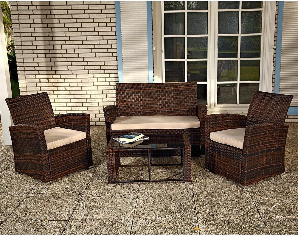 Melko Poly Rattan Set of 4 in Brown, Garden Furniture Lounge Furniture Dining Group, Includes Seat Cushions - Garden, Balcony, Patio - QUORE