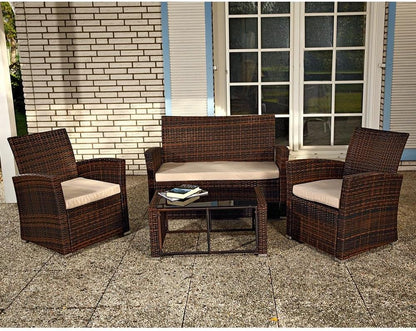 Melko Poly Rattan Set of 4 in Brown, Garden Furniture Lounge Furniture Dining Group, Includes Seat Cushions - Garden, Balcony, Patio - QUORE