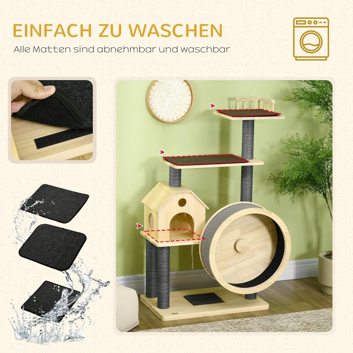 PawHut cat tree with running wheel, 4 storey scratching tree, cat house with sisal posts, cat cave, solid wood, 80 x 40 x 148 cm - QUORE
