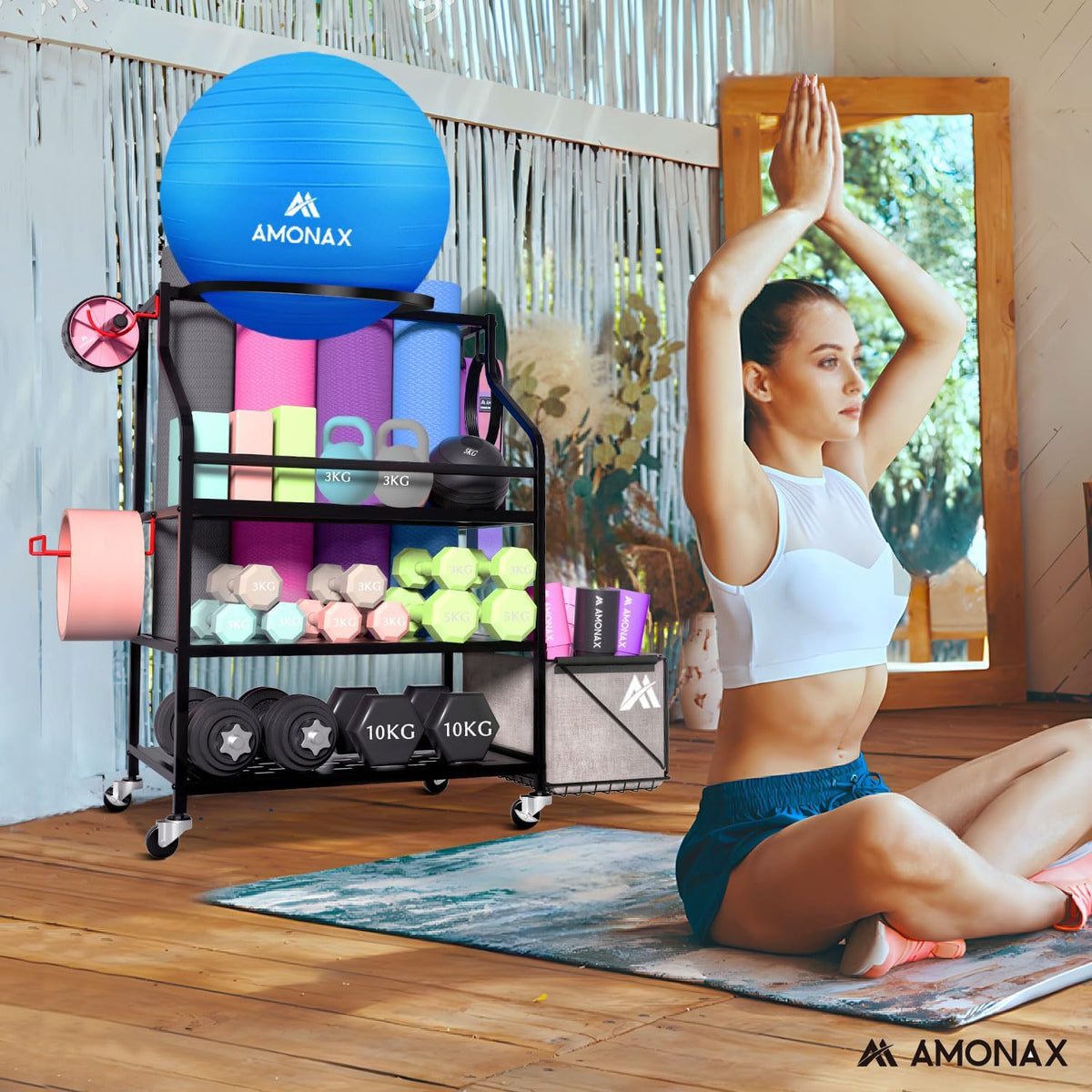Amonax Home Gym Opslag Halterrek, Gewichtsstandaard Kettlebell Rack Yoga Mat Houder Rack voor Barbell Pad Weerstandsband Foam Roller, Fitness Accessoires Organizer Workout Apparatuur voor Vrouwen