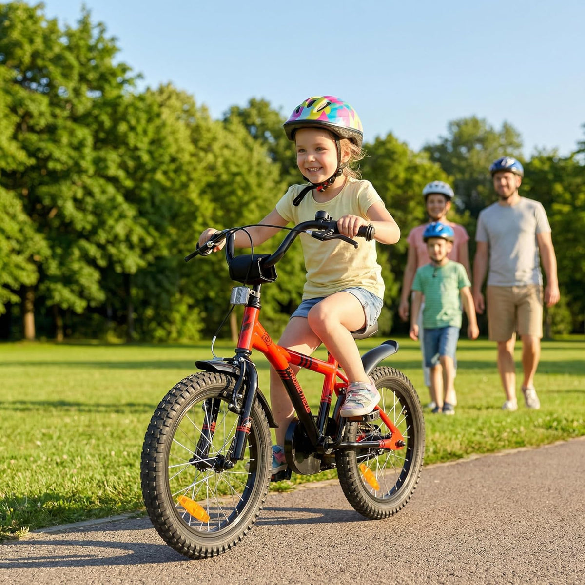 PROMETHEUS BICYCLES Kinderfiets, 16 inch vanaf 5 jaar, kinderfiets, meisjes, jongens, fiets met steunwielen, terugtraprem, in rood/zwart