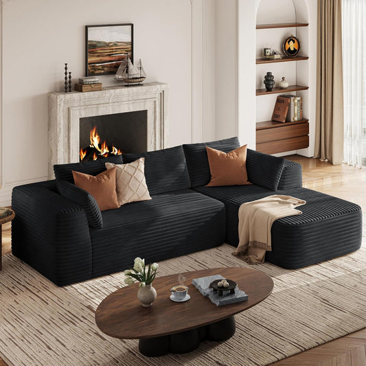 LINSY HOME Corner Sofa with Sleeping Function, Corduroy Modular Sofa Bed, 270 cm, L-Shaped Sofa, 3 Seater with Footstool, Sectional Sofa for Living Room, No Assembly Required, Black - QUORE
