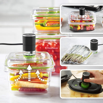 FoodSaver Vacuümmachine voor levensmiddelen, multifunctioneel opbergsysteem voor levensmiddelen met draagbare handaccessoires, 1 rol, 4 vacuümzakken en 4 zakken met ritssluiting [VS3190X]