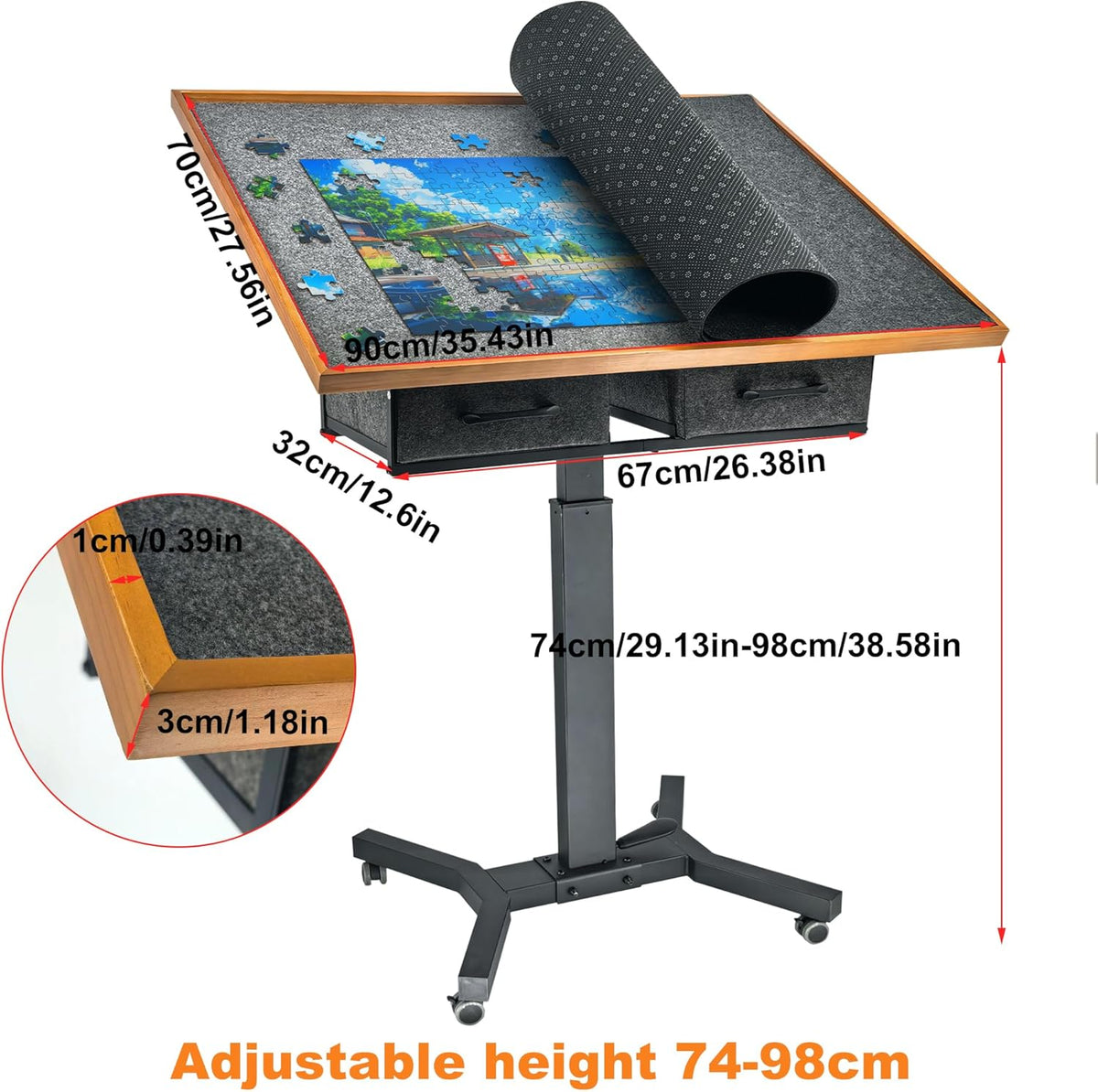 FATIVO Puzzle Table, 1500 Pieces, Height Adjustable with Wheels 70 x 90 cm, with 2 Fabric Drawers, Mobile Puzzle Board 74-98 cm, for Adults, Puzzle Board, Adjustable Angle, Black, Brown - QUORE