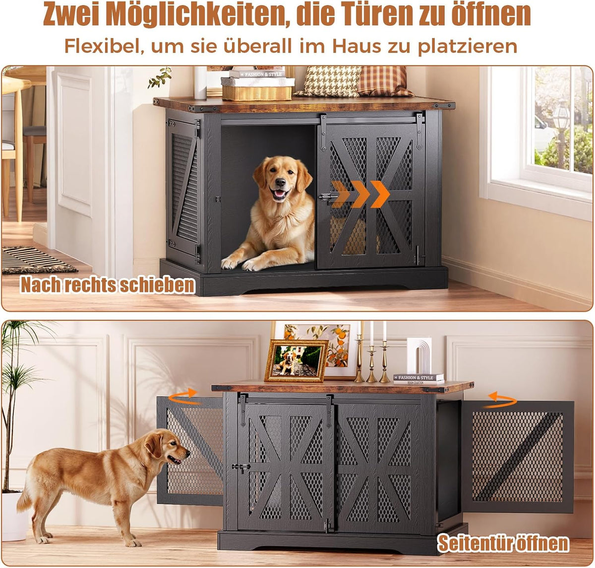Hondenkooi, 110 cm hondenbox, Drie-deurs hondenkooi voor thuis, Schuifdeur, Modern houten hondenhok, Voor middelgrote en grote honden, Versterkt ijzeren gaas, 110x74x81 cm, Zwart