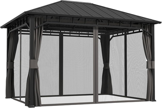 Outsunny Pavillon 4x3 m Wasserdicht Stabil Winterfest Gartenpavillon mit Seitenteile, Wasserrinnen, Moskitonetz, Haken Garten-Pavillon aus verzinktem Metall, Partyzelt für Garten, Terrasse, Dunkelgrau - QUORE