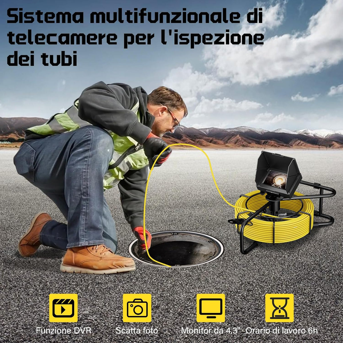 Endoscopische camera voor leiding, 20 m, 5 inch inspectiecamera met DVR, industriële endoscoop, IP68, met 12 ledlampen, 17 mm diameter van de camera
