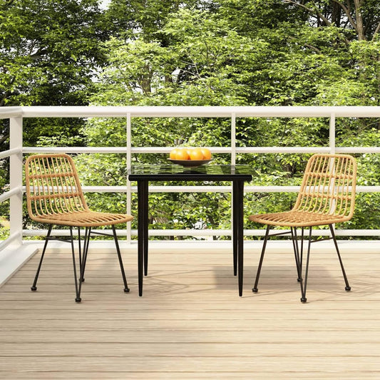 Tidyard 3-delige set, eetkamer, tuin, outdoor, polyrotan, bruin, staal, glas, set van glas en 2 eetkamerstoelen voor de tuin, buiten, tafel en stoelen voor buiten, terras - QUORE