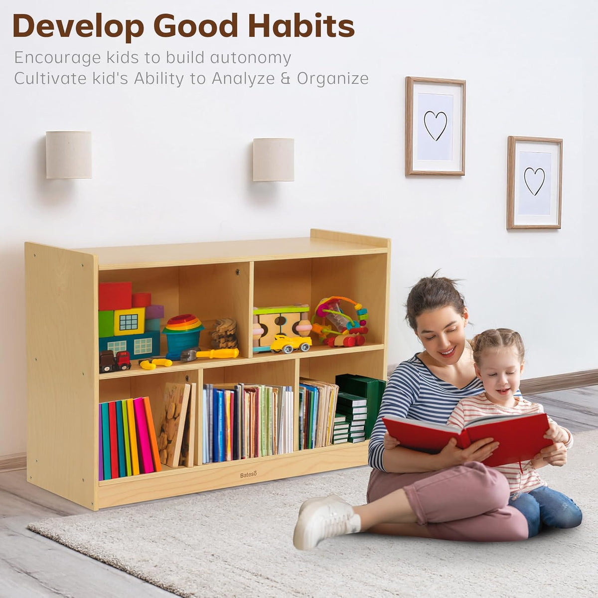 Toy Storage Organizer, 2-Tier Kids Bookshelf, 5 Cube Kids' Bookcases - QUORE