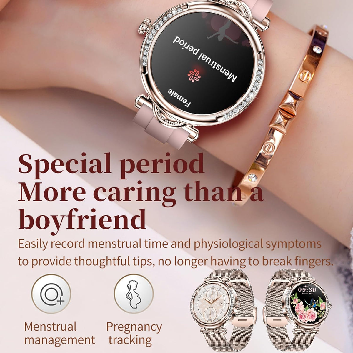 Smartwatch Damen met Bellen/Kiezen via Bluetooth, 1,27” Smart Watch voor Damens con Diamanti, Slaapmonitor Menstruatie Volgen Calorie Stappenteller Stopwatch Activity-Armband voor Android iOS (Goud)