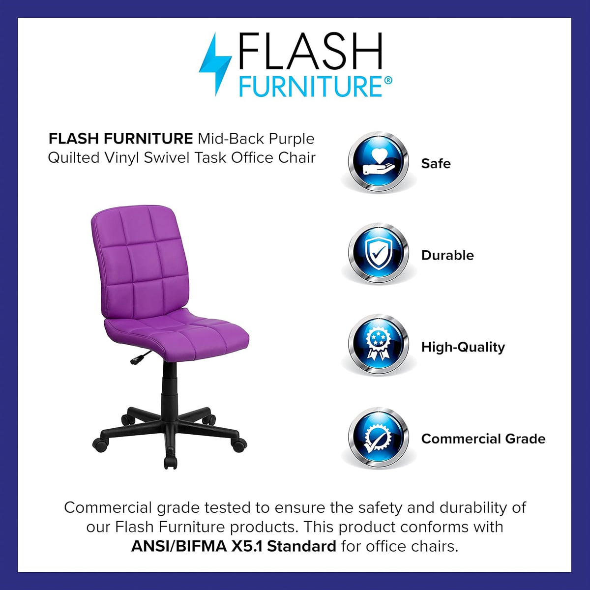 Flash Furniture Mid-Back gewatteerde vinyl draaibare taakstoel, metaal, paars, 58,42 x 55,88 x 22,86 cm