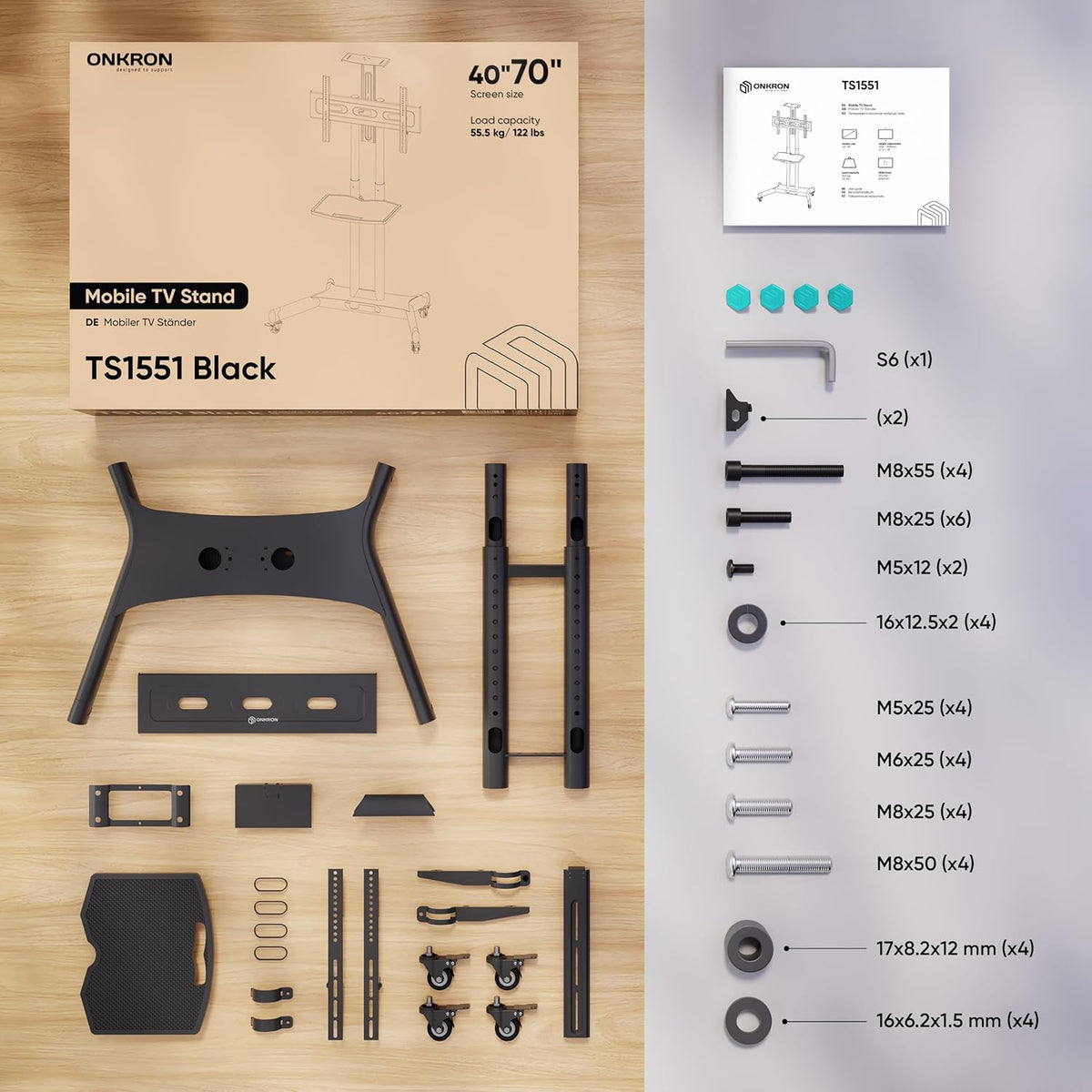 ONKRON Mobiele TV Standaard op Wielen voor 40-70 Inch Scherm, TV Beugel Wagen tot 45,5 kg - TV Meubel Verrijdbaar VESA 100x100-600x400 mm/Vloerstandaard Televisie Hoogte Verstelbare TS1551-B Zwart