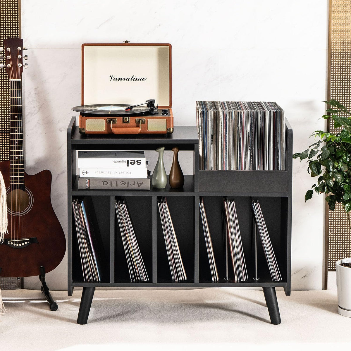 Mid-Century Record Player Stand with Vinyl Storage for Up to 350+ Albums, Vinyl Record Cabinet with Adjustable Shelves, (Black)