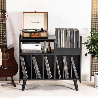 Mid-Century Record Player Stand with Vinyl Storage for Up to 350+ Albums, Vinyl Record Cabinet with Adjustable Shelves, (Black)