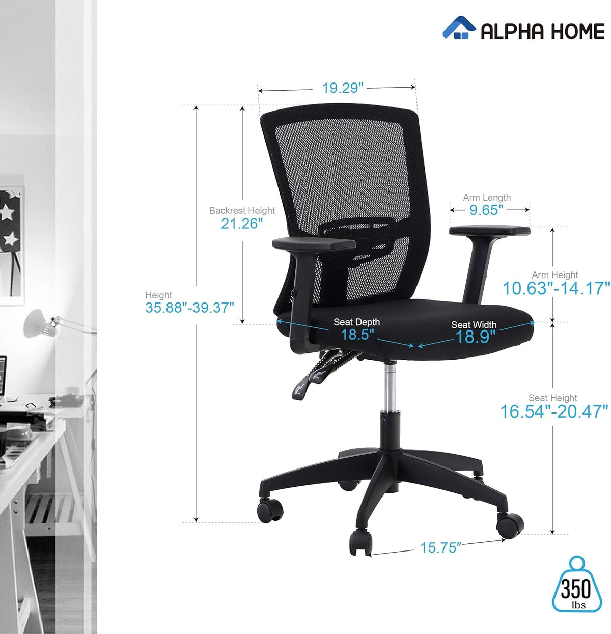ALPHA HOME Office Chair, Ergonomic Height Adjustable Swivel Chair, Computer Office Chair with Adjustable Lumbar Support, Armrest, Tilt Function, Up to 160 kg Load Capacity