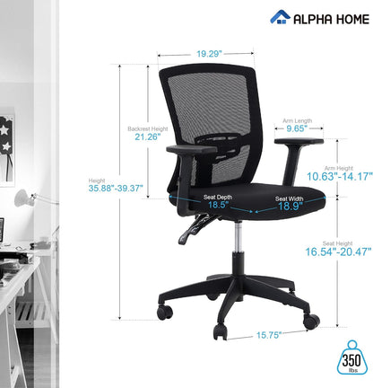 ALPHA HOME Office Chair, Ergonomic Height Adjustable Swivel Chair, Computer Office Chair with Adjustable Lumbar Support, Armrest, Tilt Function, Up to 160 kg Load Capacity