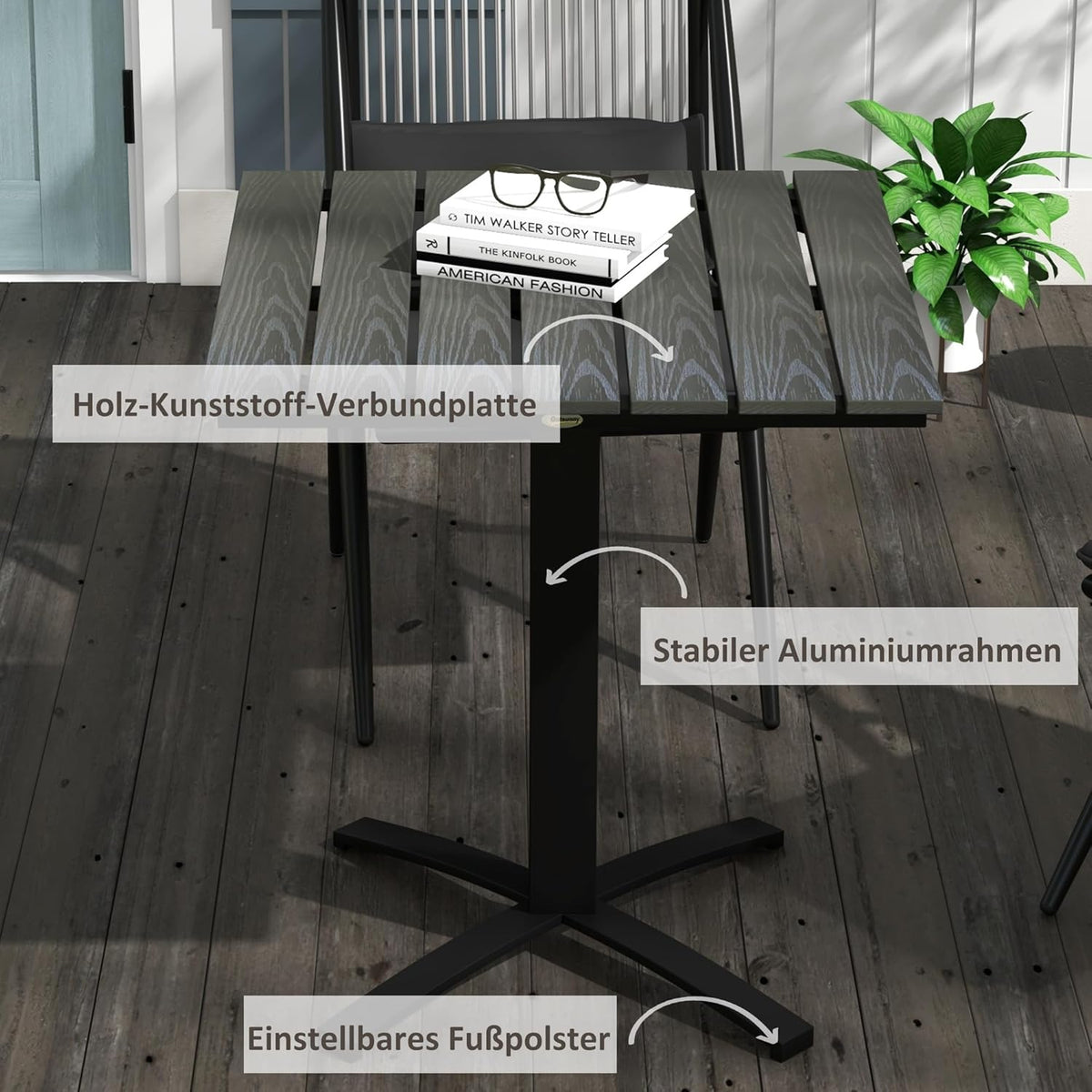 Tuintafel – Balkontafel – Terrastafel – Tuinmeubel – Eettafel – Grijs – Houtlook Kunststof Blad – Lichtgewicht Aluminium Frame