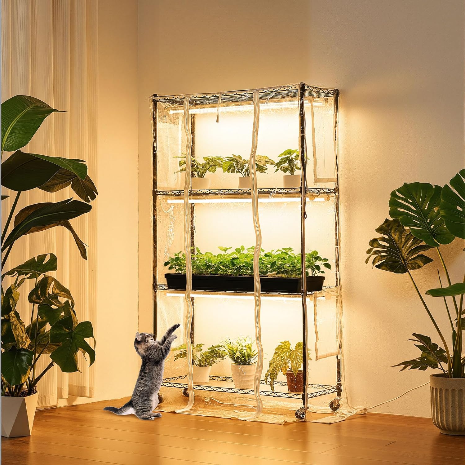 VEVOR Indoor Greenhouse with Grow Lights, Plant Stand with 4 Levels, Display Height 150 cm with Transparent Cover, Timer and Hygrometer, 180 W Full Spectrum Attachment Lights - QUORE