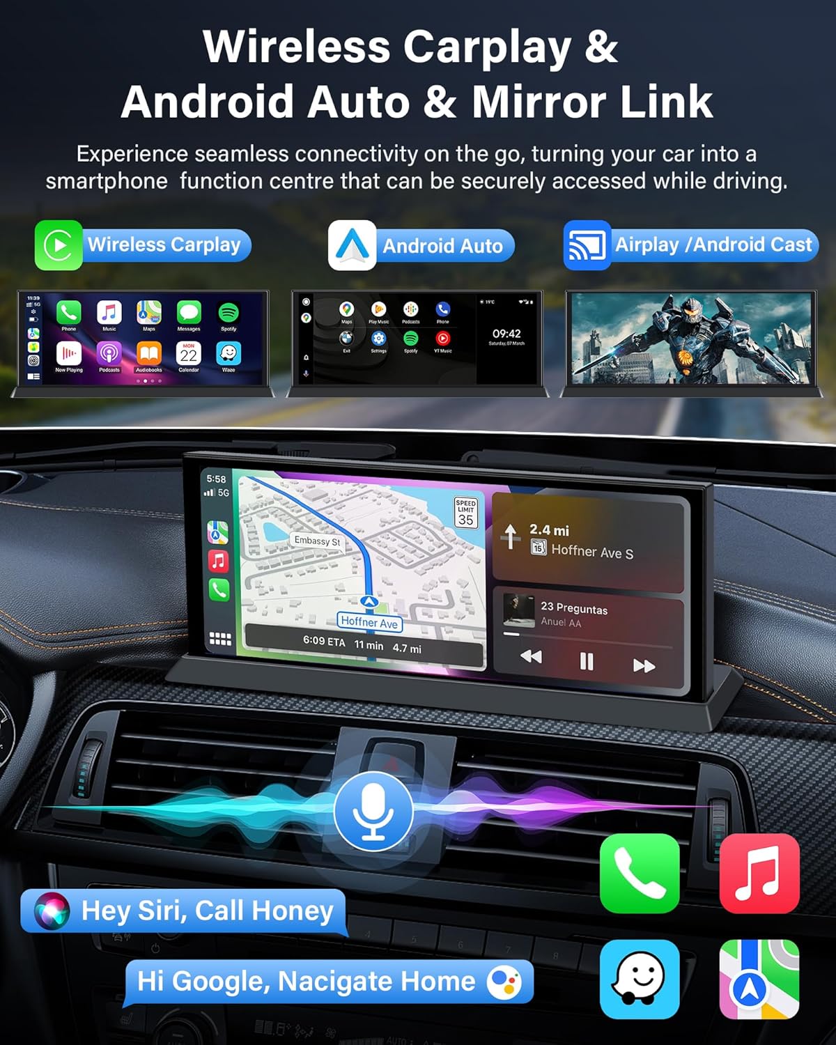 11,3 Inch Carplay Android Auto Display – Touchscreen Navigatie Scherm – Draadloze Carplay – 4K Dashcam – Draaibare 350° Camera – Dubbele Bluetooth – Inclusief 64GB TF Kaart