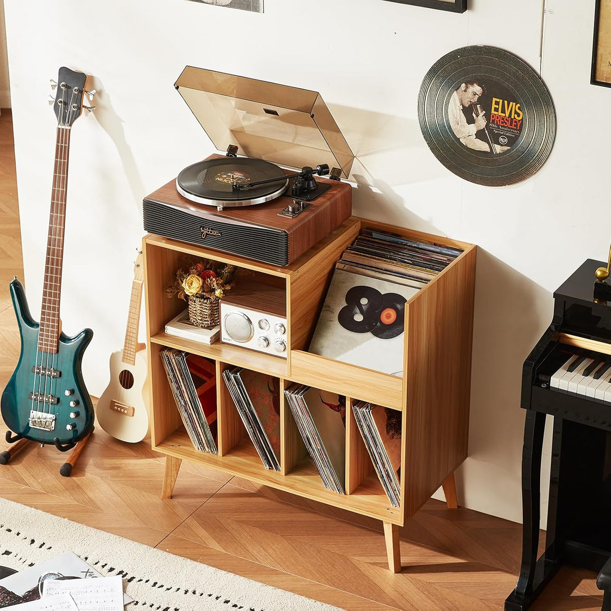 Draaitafelstandaard Houten – Platenspelerstandaard – Vinyl Opbergkast – Platenkast – Muziekmeubel – Voor Meer Dan 300 Vinylplaten – 4 Brede Vakken