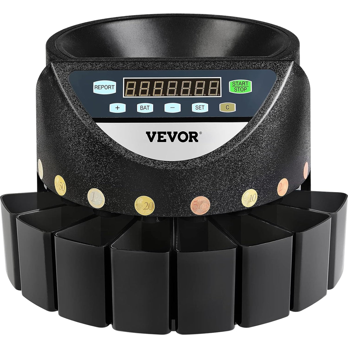 VEVOR Professionele euromuntenteller, 220 V, 300 munten per minuut, muntsorteerder, 7-cijferig led-display, munttelmachine met 8 zeer nauwkeurige verzameldozen