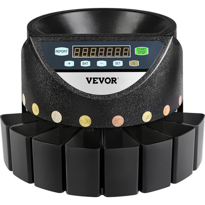VEVOR Professionele euromuntenteller, 220 V, 300 munten per minuut, muntsorteerder, 7-cijferig led-display, munttelmachine met 8 zeer nauwkeurige verzameldozen